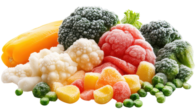 Colorful assortment of frozen vegetables on a white background. transparent background.