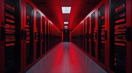 Futuristic server room with red lighting and sleek black server racks.