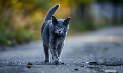 Gray cat found on the road returns home seeking owner or shelter.