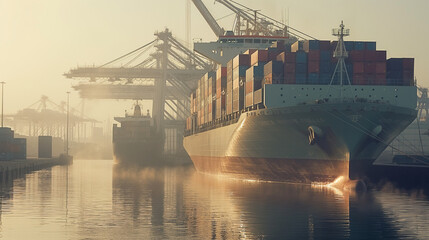 Fototapeta premium Large cargo ship docked at empty port with stacked containers and idle cranes, symbolizing port strike and industrial tension.