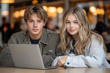 Analyzing Data Together - Young European Man and Woman in a Professional Discussion on Laptop, Isolated on White Background