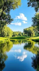 Fototapeta premium A serene landscape featuring a clear river, lush greenery, and a bright blue sky reflected on the water's surface.