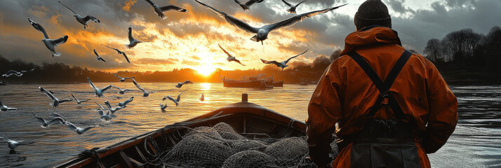 Fisherman in orange jacket watches the sunset