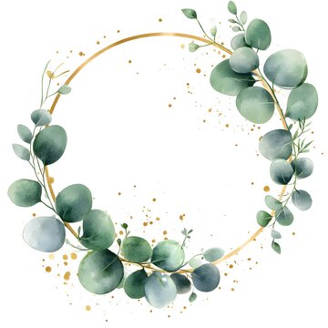 Watercolor pastel green eucalyptus leaves and a gold circular frame,