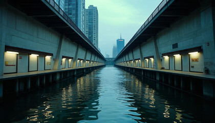 Fototapeta premium A long tunnel with a river running through it
