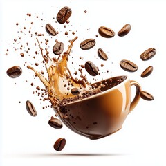Obraz premium Cup with coffee splash and roasted beans in air on white background