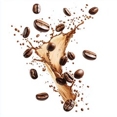 Coffee splash and roasted beans in air on white background