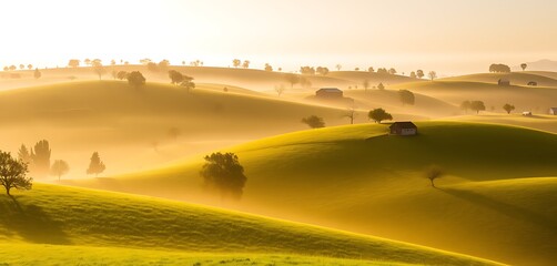 Fototapeta premium Golden morning light illuminates rolling hills and a solitary house in a tranquil countryside landscape at dawn