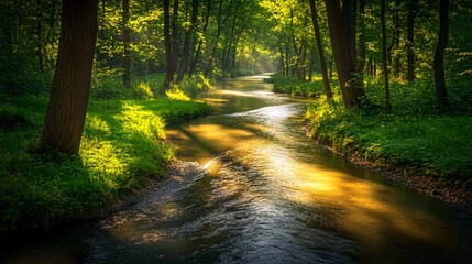 Obraz premium A sunlit stream winds through a lush green forest.