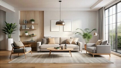 Modern living room with minimalist furniture and neutral color palette, contemporary, interior design, home decor