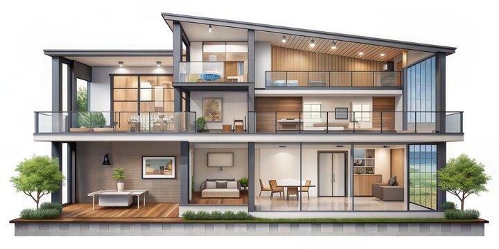 Modern home cross section, rendering, modern, home, cross section, rendering, architecture