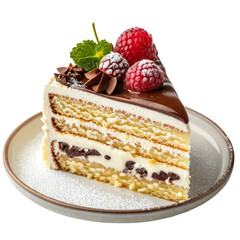 Piece of cake with cherries isolated on white and transparent background