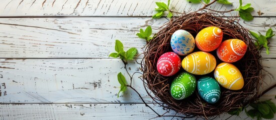 Happy Easter Day Easter Eggs Concept Closeup Colorful Easter Eggs In Nest And Basket Green Crass On White Wooden Background