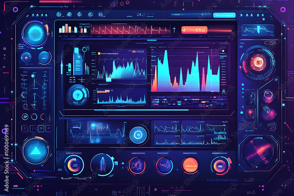 Poster futuristic dashboard displaying data analytics and visualizations.