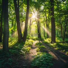 Obraz premium Morning in the green forest. Sun rays through the branches of trees