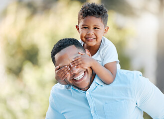 Playing, peekaboo and father with child in park for bonding, laughing and funny joke with...