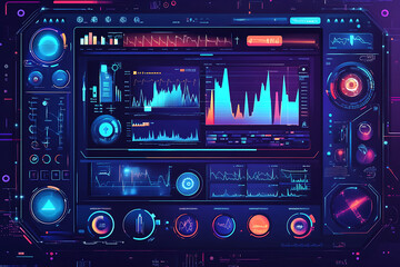 Obraz premium Futuristic dashboard displaying data analytics and visualizations.