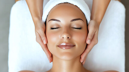 A woman enjoying a relaxing facial massage, promoting wellness and rejuvenation in a serene spa environment.
