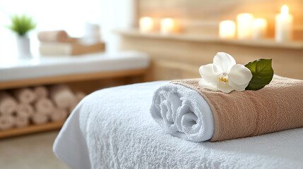 A beautifully arranged spa towel set with a delicate flower, creating a calming atmosphere for relaxation.