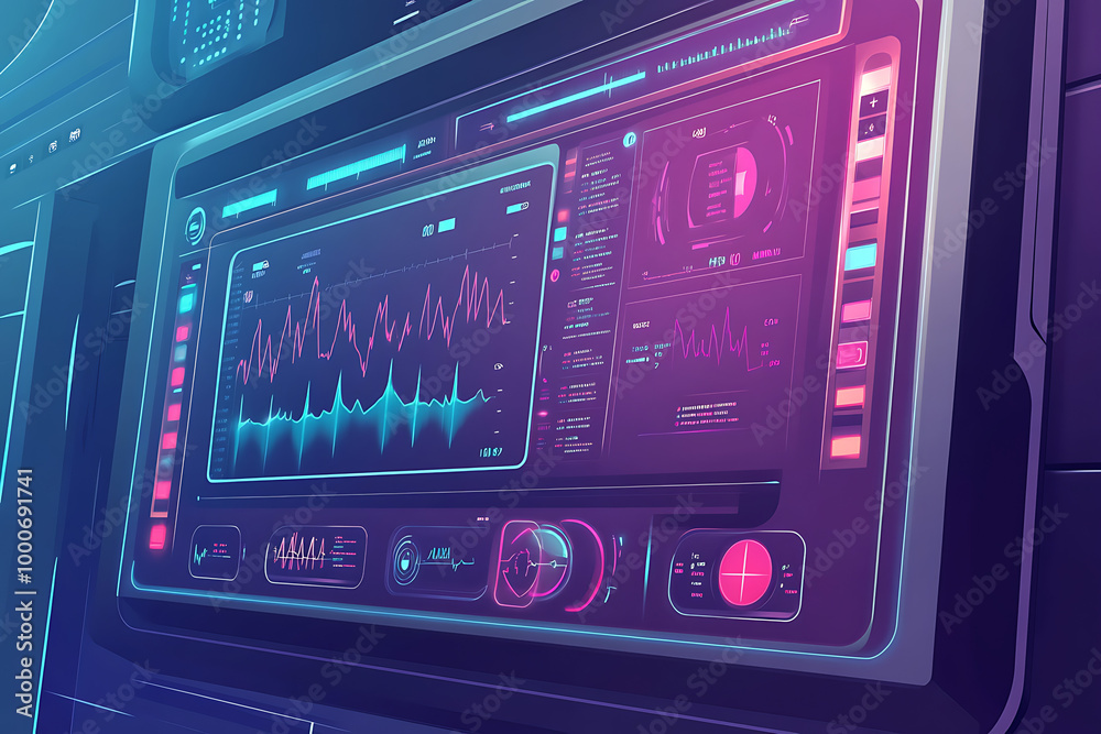 Poster digital control panel with graphs and data visualization in a futuristic design.