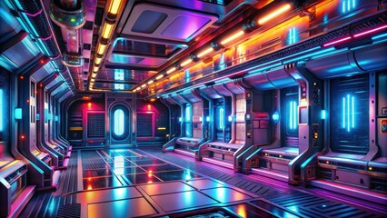 Futuristic space station with vibrant neon-lit interior, retro, space, station, neon, vibrant, futuristic, interior, technology