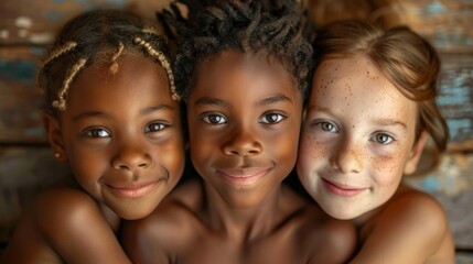 A close-up of three kids with different skin tones, smiling warmly in a heartwarming