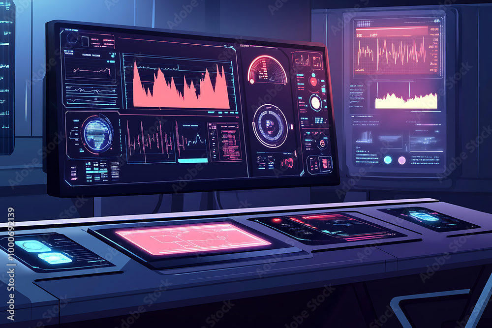Poster futuristic control panel displaying data and graphs for monitoring systems.