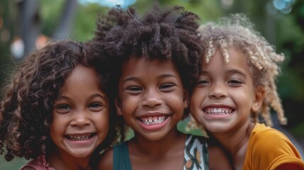 A close-up photo of three happy kids with different hair textures