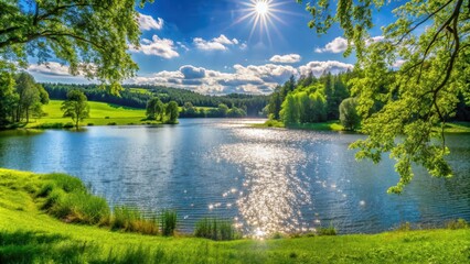 Fototapeta premium Scenic view of a lush green meadow with a sparkling lake in the background, water, landscape, nature, grass, park, spring, meadow, field