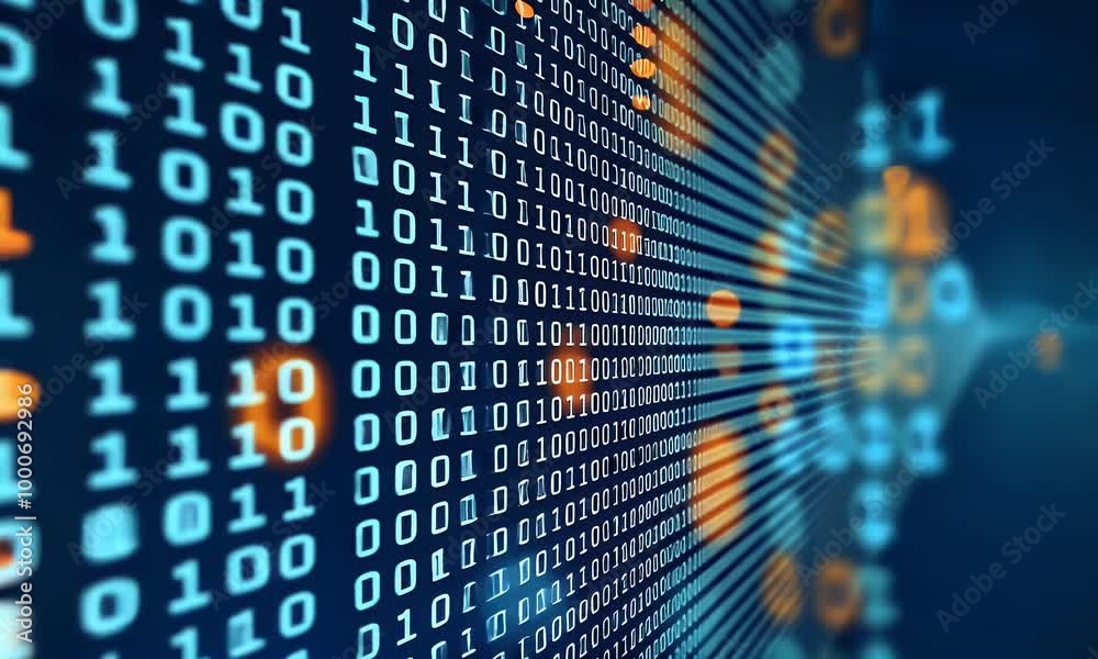 Leinwandbilder 4k animation of blue binary digits flowing in a digital stream, representing coding, data transfer, 