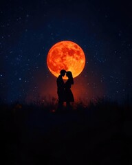 A romantic silhouette of a couple against a vivid full moon, creating a magical and dreamy atmosphere under a starry night sky.