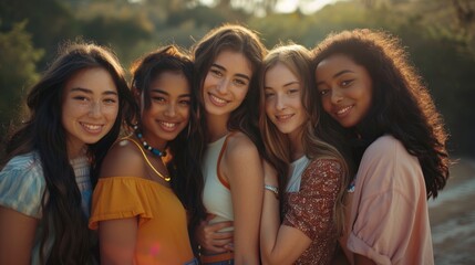 Obraz premium A diverse group of young women, all smiling and standing closely
