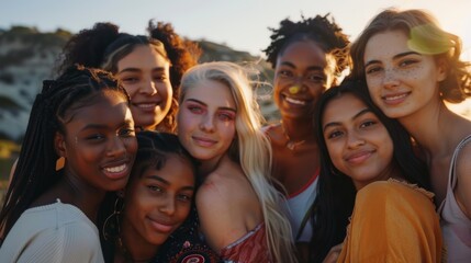 Obraz premium A diverse group of young women, all smiling and standing closely together