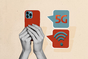 Poster creative banner collage of person hold smart phone using high fast speed connection