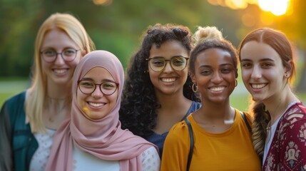 Obraz premium A diverse group of young women, all smiling warmly and standing closely together