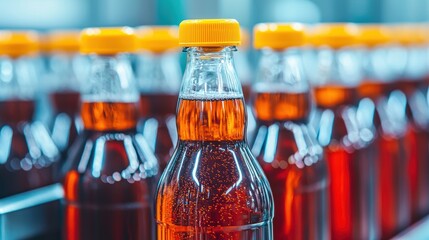 Bottles of carbonated beverage with orange caps are lined up in factory setting, showcasing vibrant amber liquid inside. scene conveys sense of production and refreshment. 