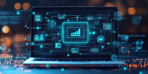 Regulatory compliance and governance framework illustrated through digital icons on a laptop screen, symbolizing the importance of adhering to rules and guidelines in the digital, Generative AI