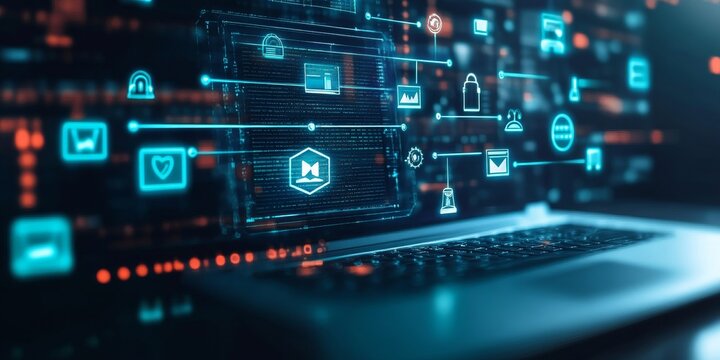 Regulatory compliance and governance framework illustrated through digital icons on a laptop screen, symbolizing the importance of adhering to rules and guidelines in the digital, Generative AI