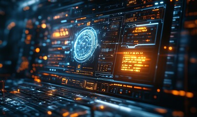 Fototapeta premium Futuristic command prompt on a digital interface with a holographic computer screen, depicting advanced technology and cybernetic innovation, Generative AI