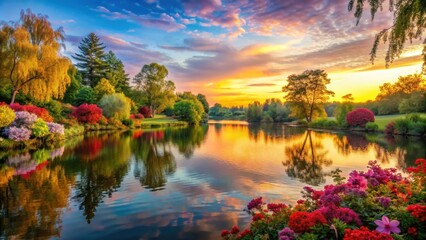 Obraz premium Serene lake with vibrant trees and flowers at sunset, serene, lake, vibrant, trees, flowers, sunset, calm, tranquil