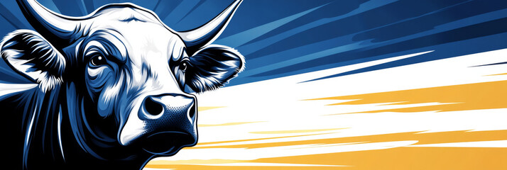 Close-up of a bull's head, with a dark blue background, and a yellow and white background below.