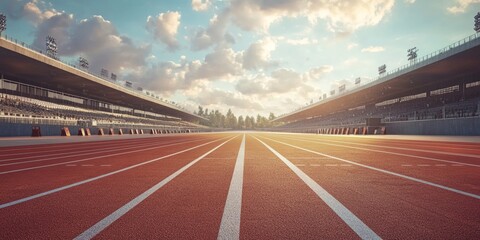 front view of an athletics stadium with a racetrack and starting blocks. Generative AI