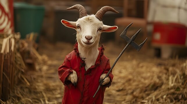 A playful goat dressed in a devil costume featuring tiny horns and holding a miniature pitchfork, set against a rustic farm backdrop, embodying the spirit of a spooky yet adorable farm animal 