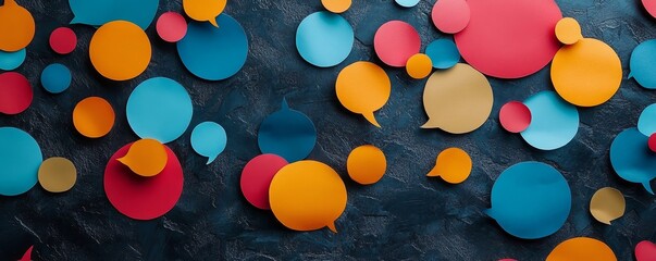 Multicolored paper speech bubbles scattered on a dark textured background, symbolizing diverse communication, social media dialogue, and community, Generative AI