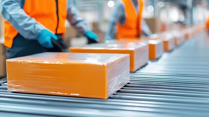 Efficient workers in safety vests handle orange packages on conveyor belt in warehouse, showcasing busy logistics environment. 