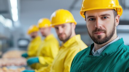 Efficient workers in food processing facility wear protective gear, showcasing teamwork and dedication. Their bright yellow helmets and green aprons highlight safe working environment. 