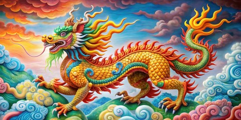 Obraz premium Traditional Chinese art featuring a majestic qilin mythical creature , mythical, creature, Chinese, art, traditional