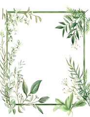 Watercolor square frame with a white background, light green leaves and flowers around the edges,
