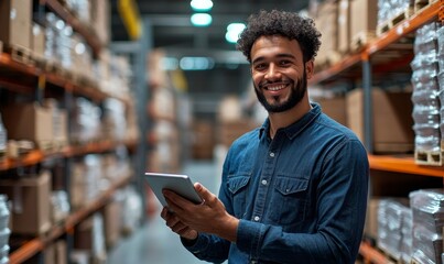 Smiling male warehouse manager using a digital tablet for inventory management in a modern storage facility, exemplifying efficient logistics and, Generative AI