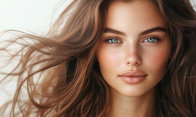 Naklejka premium Elegant woman with beautiful flowing hair, natural beauty, glowing skin, serene expression, studio shot, daytime, hair care concept, beauty and wellness, Generative AI